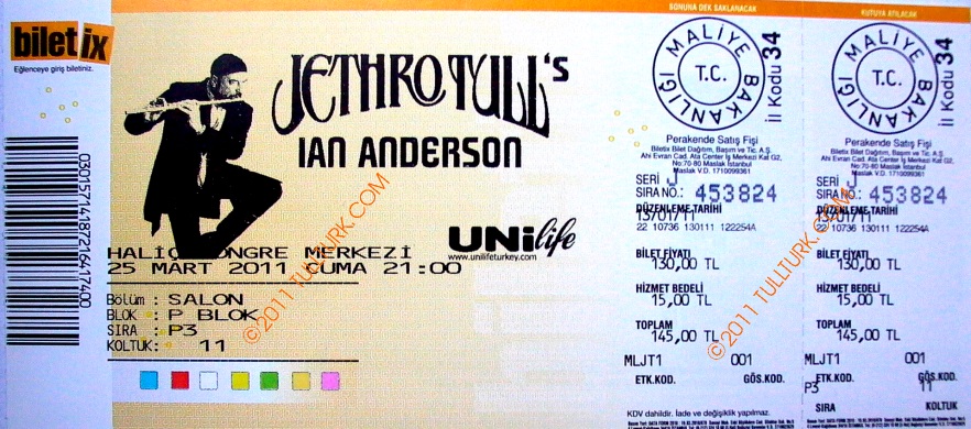 Ian Anderson Acoustic Turkey Tour 2011, 25 March Istanbul Ticket