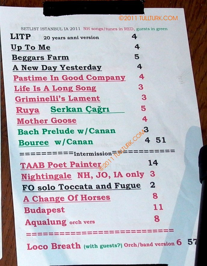 Ian Anderson 25.03.2011 Istanbul Setlist